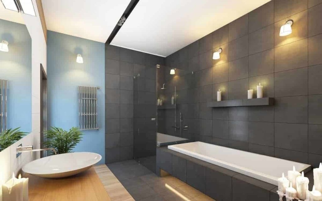 bathroom in grey and blue colours