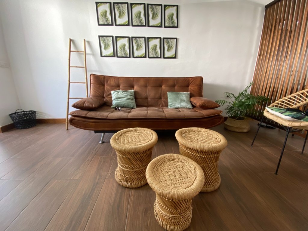 wood inspired living room with laminated flooring