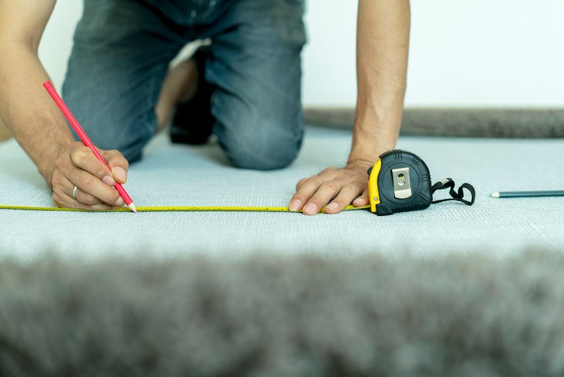 man measuring carpet on the floor