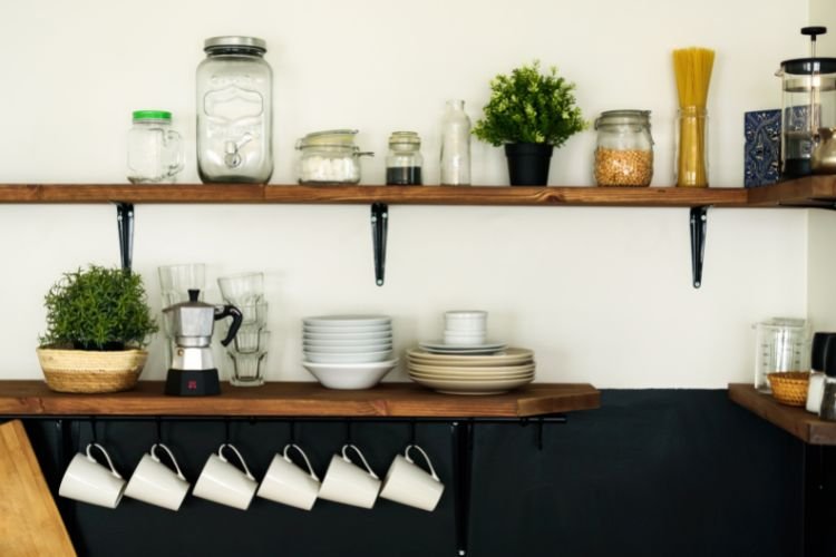 floating kitchen shelves on white wall